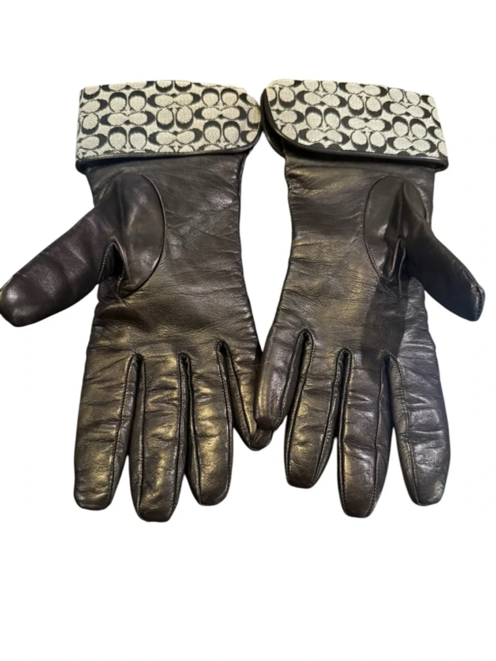 Coach Black Leather Gloves Signature Cuff Cashmere Lined Size 8